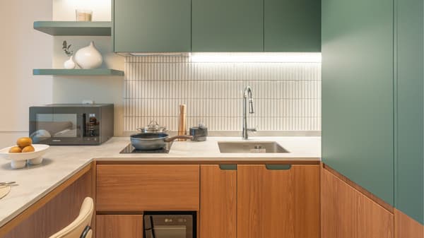Detailed view of the kitchenette, featuring a stainless steel sink, a two-burner induction cooktop with a frying pan, and a backsplash of vertical white subway tiles, all set beneath green cabinets.