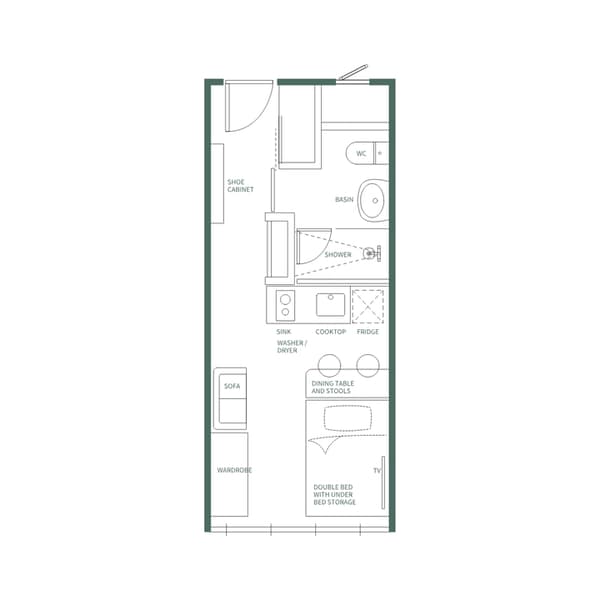 Floor plan illustration of the Premium Suite Double (Bench Layout) with English labels, showing the double bed, wardrobe, kitchen, and the small sofa placed next to the wardrobe.