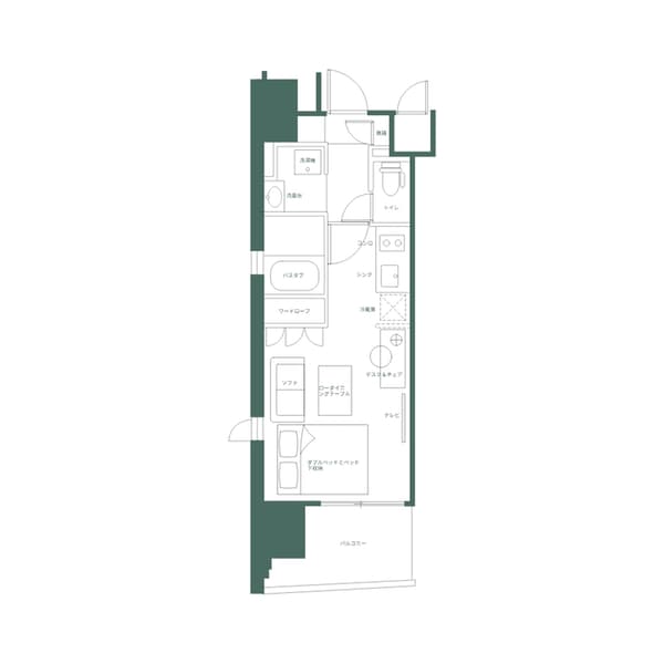 Japanese-labeled floor plan for a long, narrow studio (1R) apartment, detailing the placement of the double bed, kitchen appliances, and the separate wet areas.