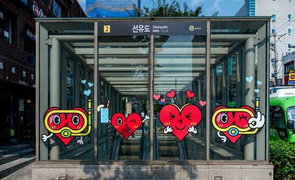 Glass-enclosed entrance to the Seonyudo subway station (Exit 2), decorated with cute, heart-shaped cartoon characters wearing snorkel gear.