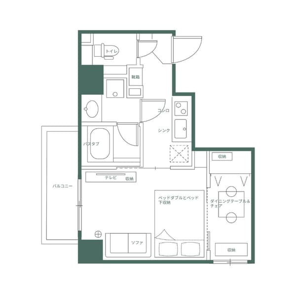 Monochrome line drawing of the one-bedroom apartment floor plan (Unit A), showing the layout of the kitchen, combined living/sleeping area, and balcony, with labels in Japanese for Monzennakacho.