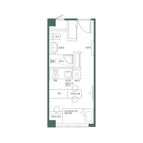 Detailed floor plan illustration of the Weave Suites Sunyu Parkside Urban Suite, showing the layout of the bathroom (변기, 세면대, 샤워기), kitchen, laundry (세탁기 및 건조기), and living/sleeping area (침대, 식탁, 옷장), with all labels in Korean.
