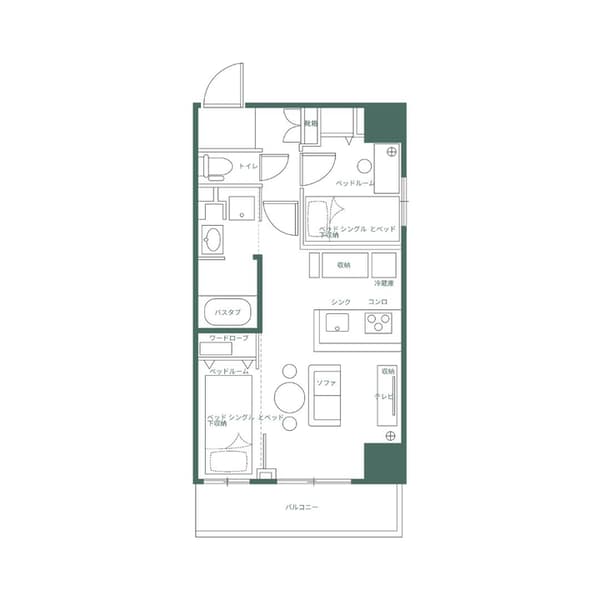 Japanese floor plan for the two-bedroom unit in Asakusa, illustrating the efficient layout of the two bedrooms, central kitchen, bathroom, and storage.