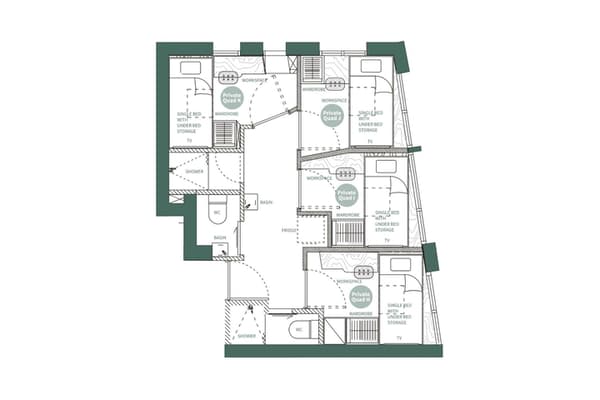 A black and white architectural floor plan diagram illustrating a "Private Quad" shared unit, showing four separate single bedrooms (Private Quad 1, 2, K, and H) with shared kitchen, shower, and toilet facilities.