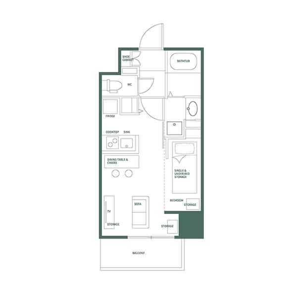 Floor plan for a one-bedroom unit, showing the layout of the balcony, living area, bedroom with storage, kitchen, and bathroom with English text labels.