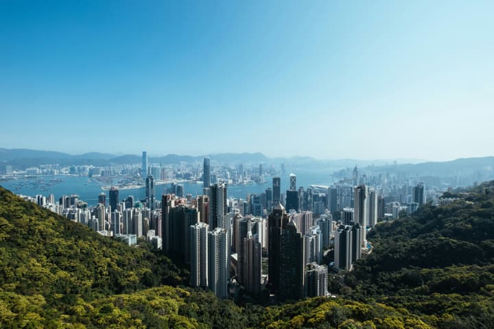 A panoramic view of the dense Hong Kong skyline and Victoria Harbour, seen from a lush, green mountain slope under a clear blue sky.