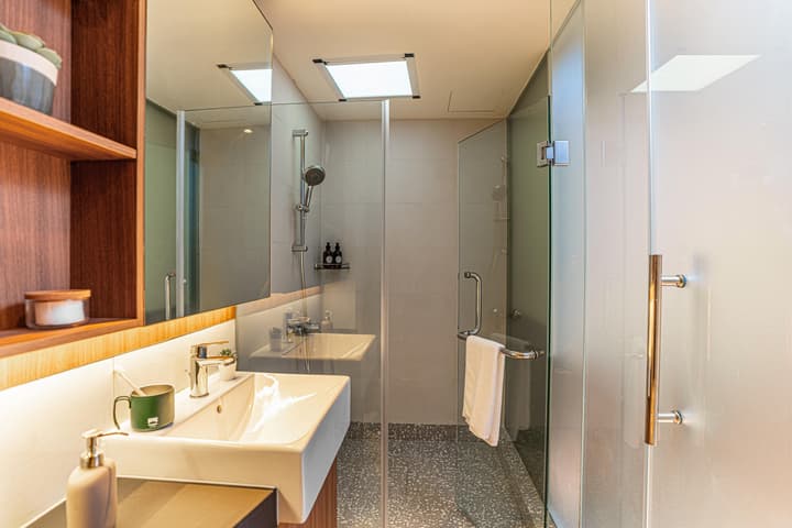 Bright en-suite bathroom with a skylight, a rectangular sink vanity, a large mirror, a walk-in glass shower, and gray terrazzo flooring.