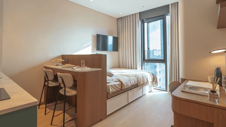 Modern studio apartment view showing the double bed with under-bed storage, a wall-mounted TV, a dividing counter with an integrated two-seater dining/bar area, and a large window with sheer curtains.