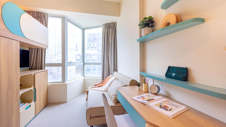 Corner view of a bright studio room with a large window, a sofa, and a built-in wooden unit featuring a loft bed and a connected desk with mint-green shelving.