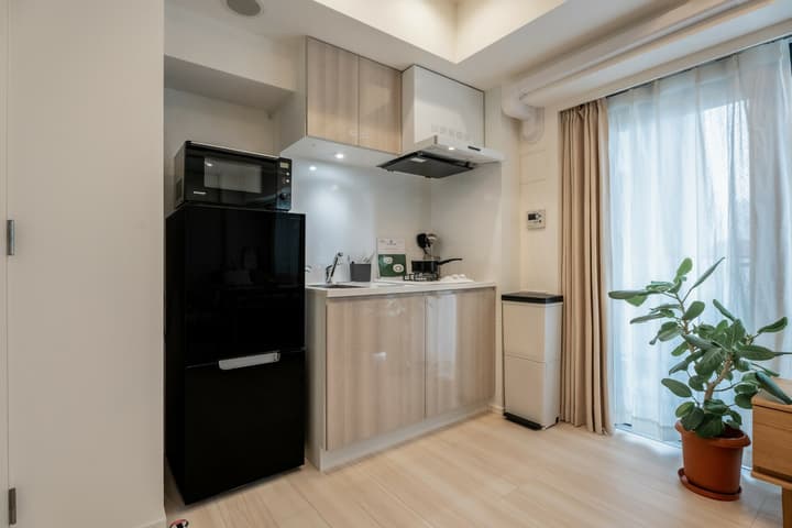 Compact, modern kitchen area with a black refrigerator, microwave, light wood cabinets, and an exhaust hood in a Waseda apartment.